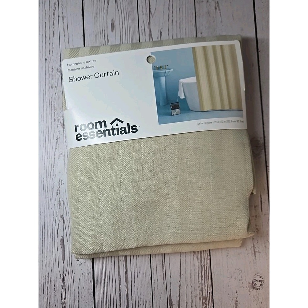 Room Essentials Shower Curtain Buttonhole Top - Tan Herringbone w/Stripes 72x72